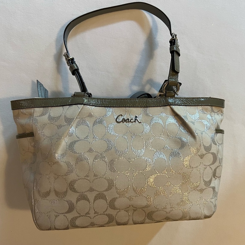 Coach Silver Metallic Signature Lurex Gallery Tote w/ Olive Patent Leather Trim